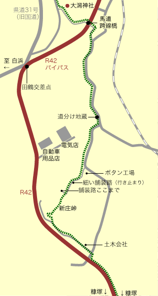 大潟神社から新庄峠へのルートマップ